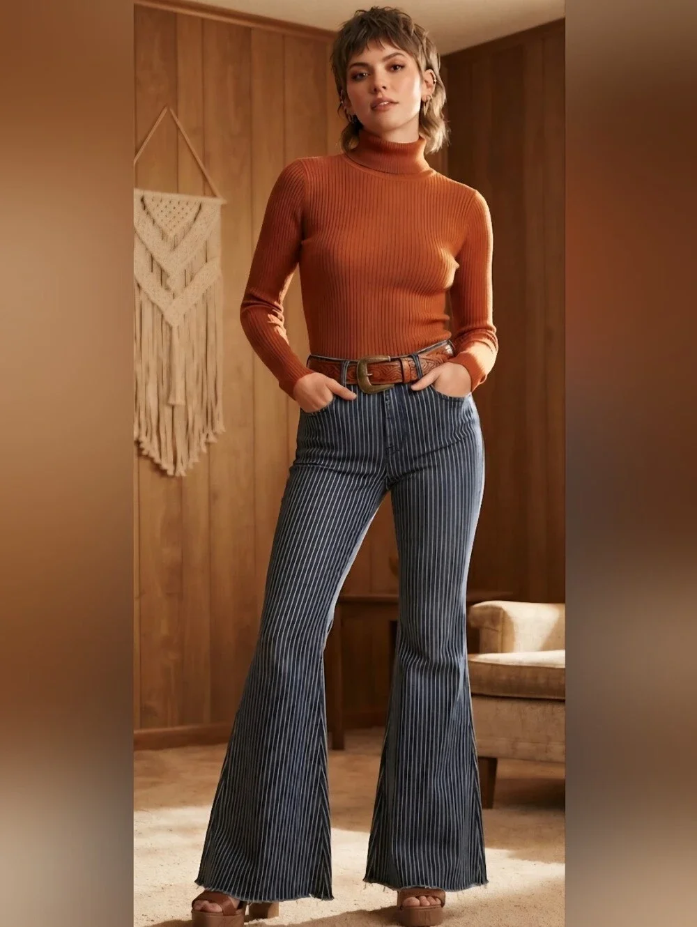 Judy Blue High Waist Super Flare with Pinstripes and a Raw Hem Bellbottoms
